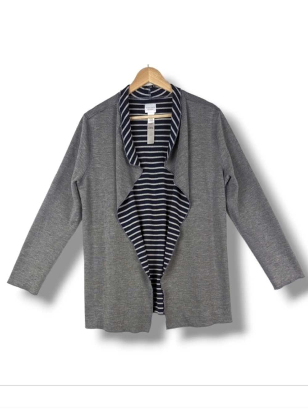 Weekends by Chico's Jersey Knit Cardigan Topper 1‎ Medium 8 Gray Navy Blue White